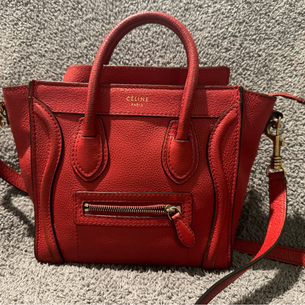 COPY - Celine Drummed Leather Nano Luggage Coquelicot